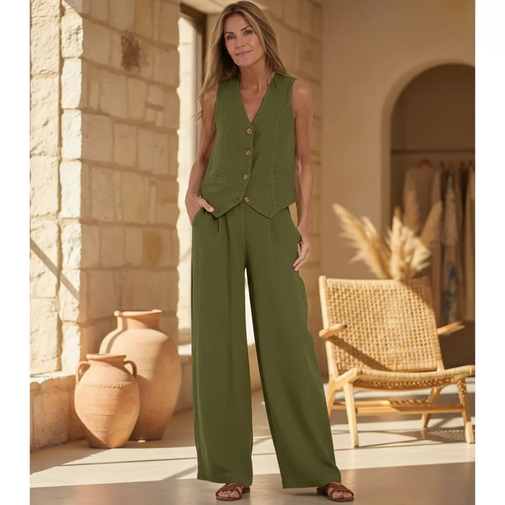 Aira - Buttoned Vest & Wide-Leg Trousers Set